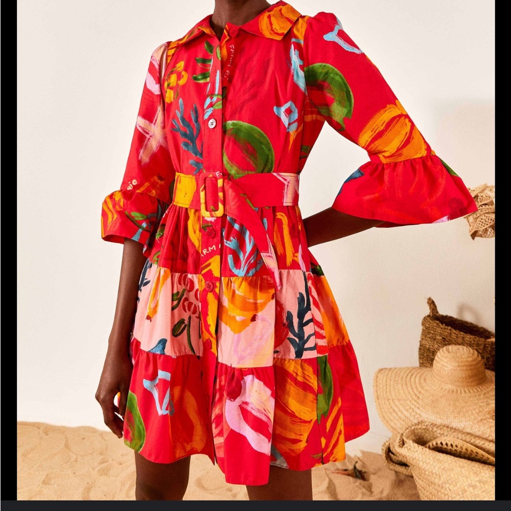 NWT FARM Rio Mixed Fruits Ocean Belted Mini Dress SMALL